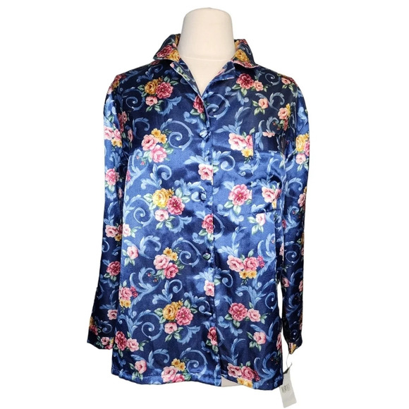 Deadstock Vintage Kathryn Intimates Size Large Blue Floral Pajama Top Silky - Picture 1 of 14